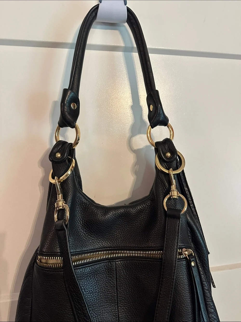 G.I.L.I pebbled black Fringe Leather Hobo backpack shoulder gold cinch purse